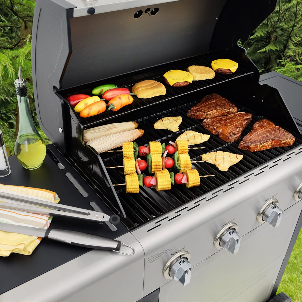 4-Burner Outdoor Propane Gas Grill with Side Burner, Open Cart, Stainless Steel
