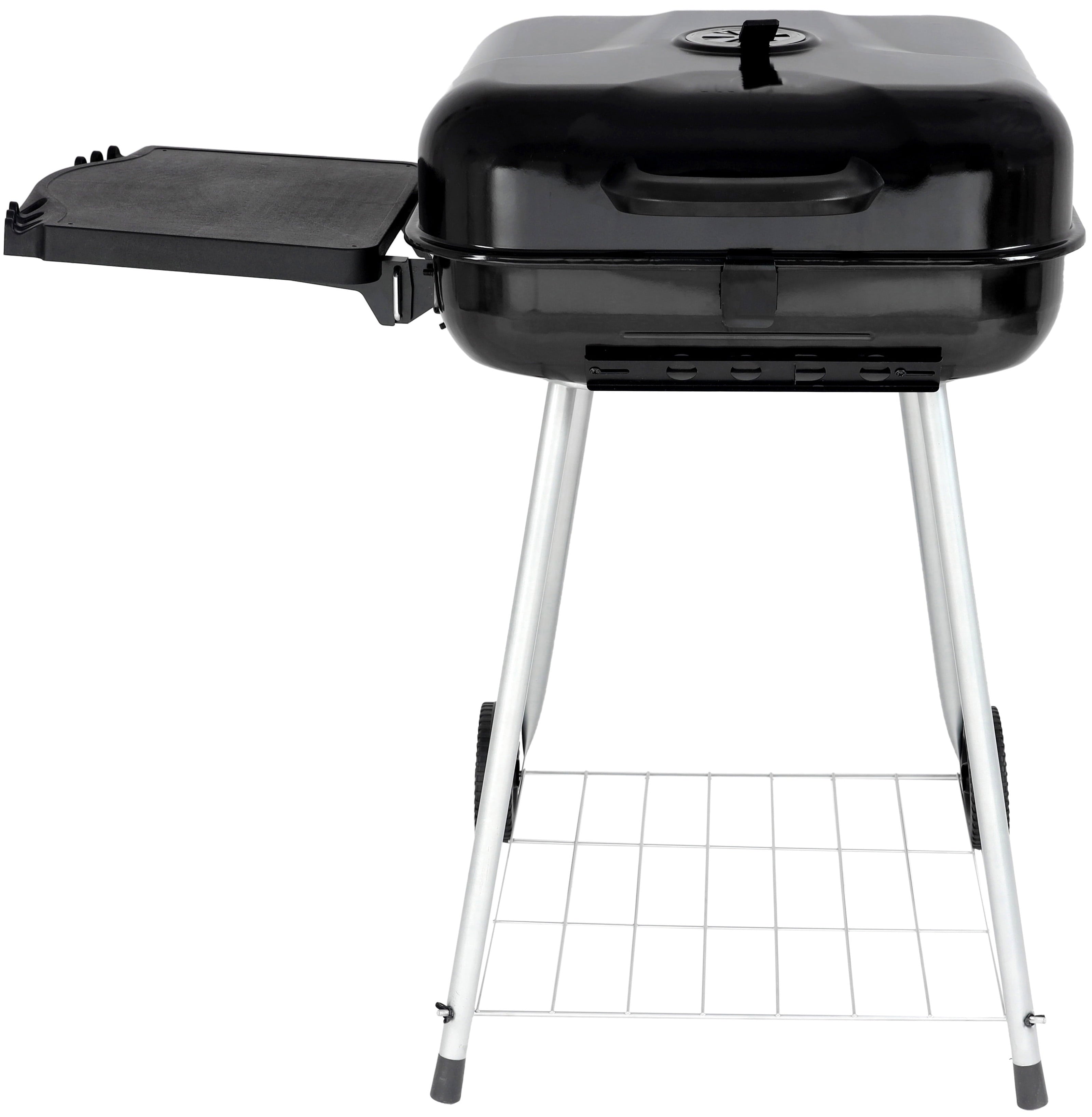 22" Square Charcoal Grill with Foldable Side Shelf, Black