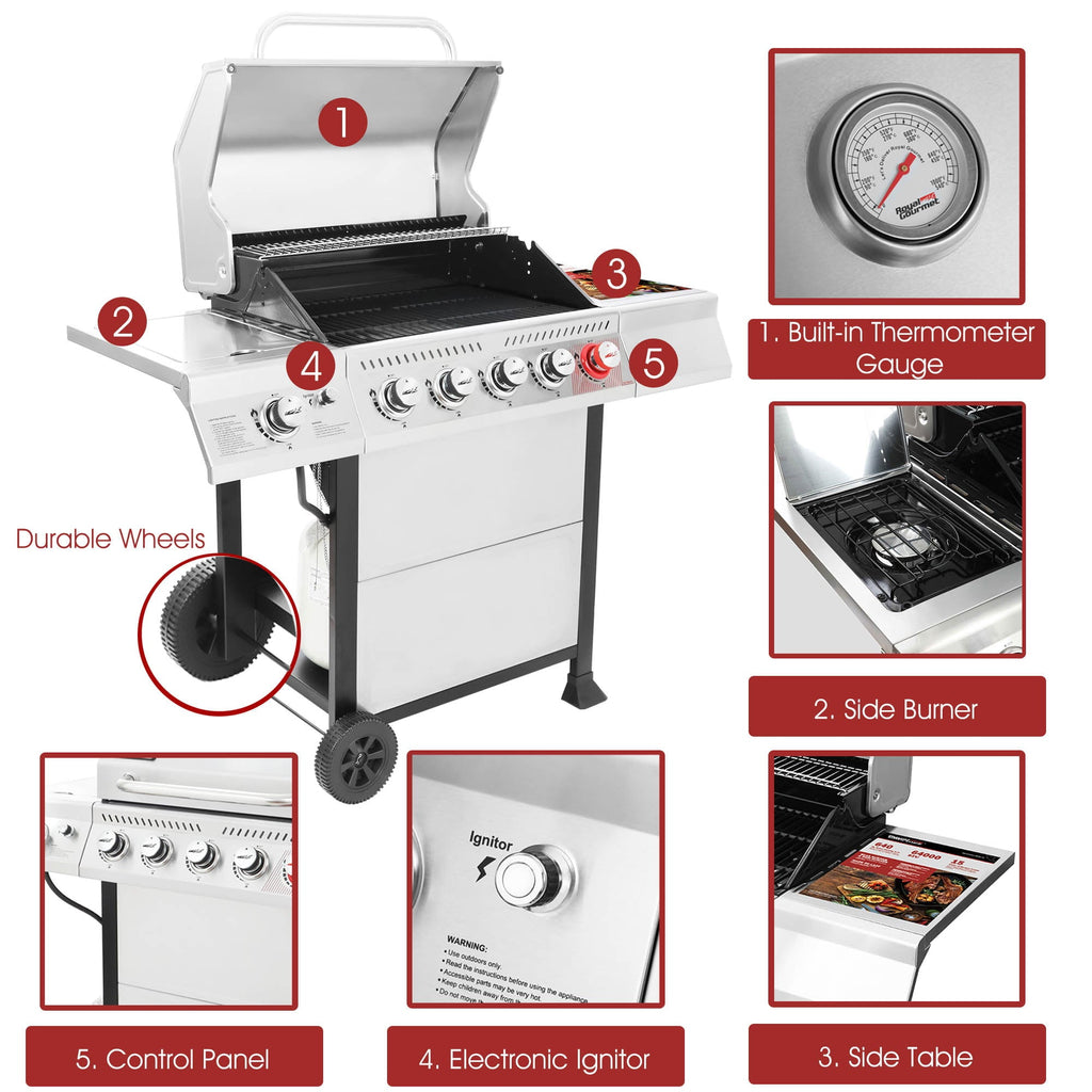 GA5401T 5-Burner BBQ Liquid Gas Grill with Sear Burner and Side Burner, 64,000 BTU