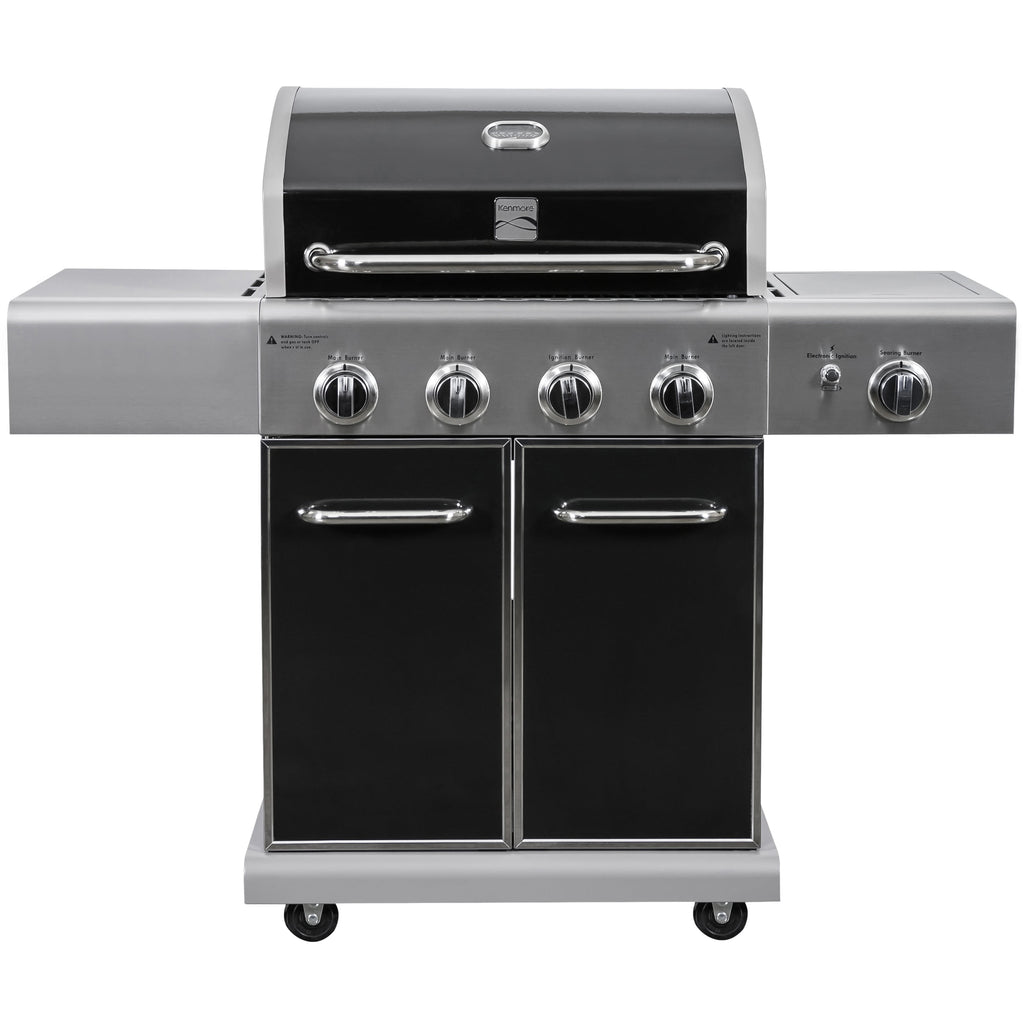 4-Burner Outdoor Propane Gas Grill with Searing Side Burner, Stainless Steel with Black Trim
