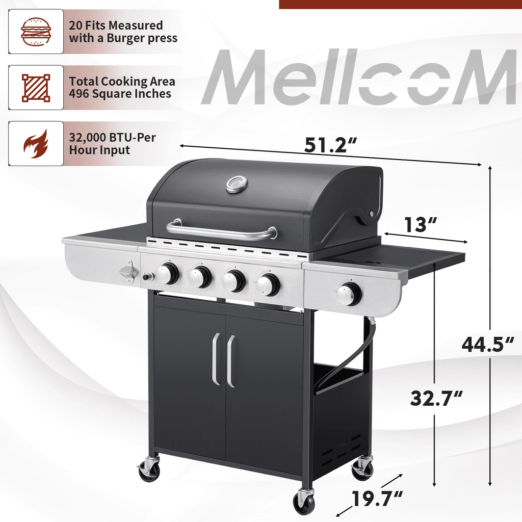 4 Burner Gas Grill,36000 BTU BBQ Propane Stainless Steel with Side Table for Patio Garden