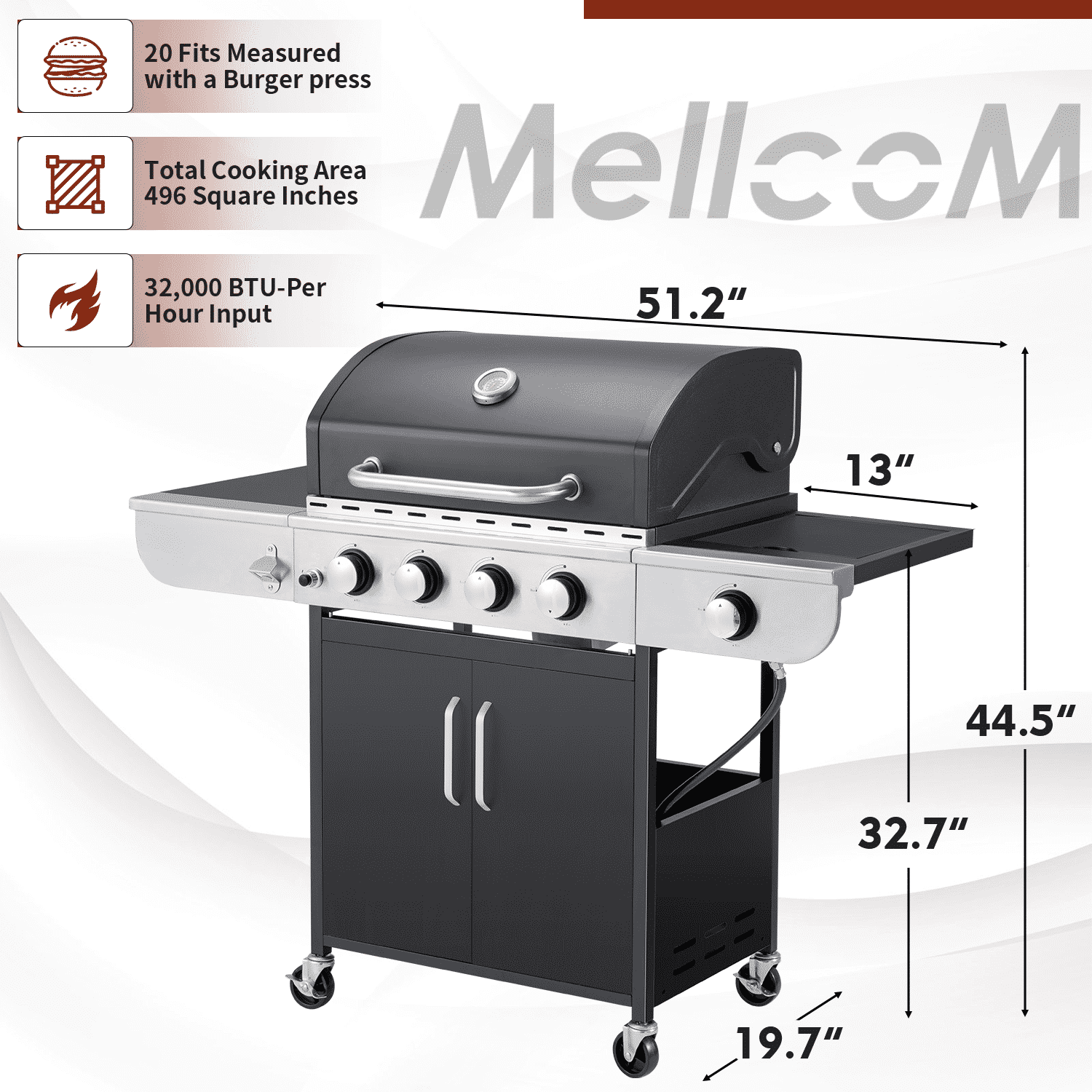 4 Burner Gas Grill,36000 BTU BBQ Propane Stainless Steel with Side Table for Patio Garden