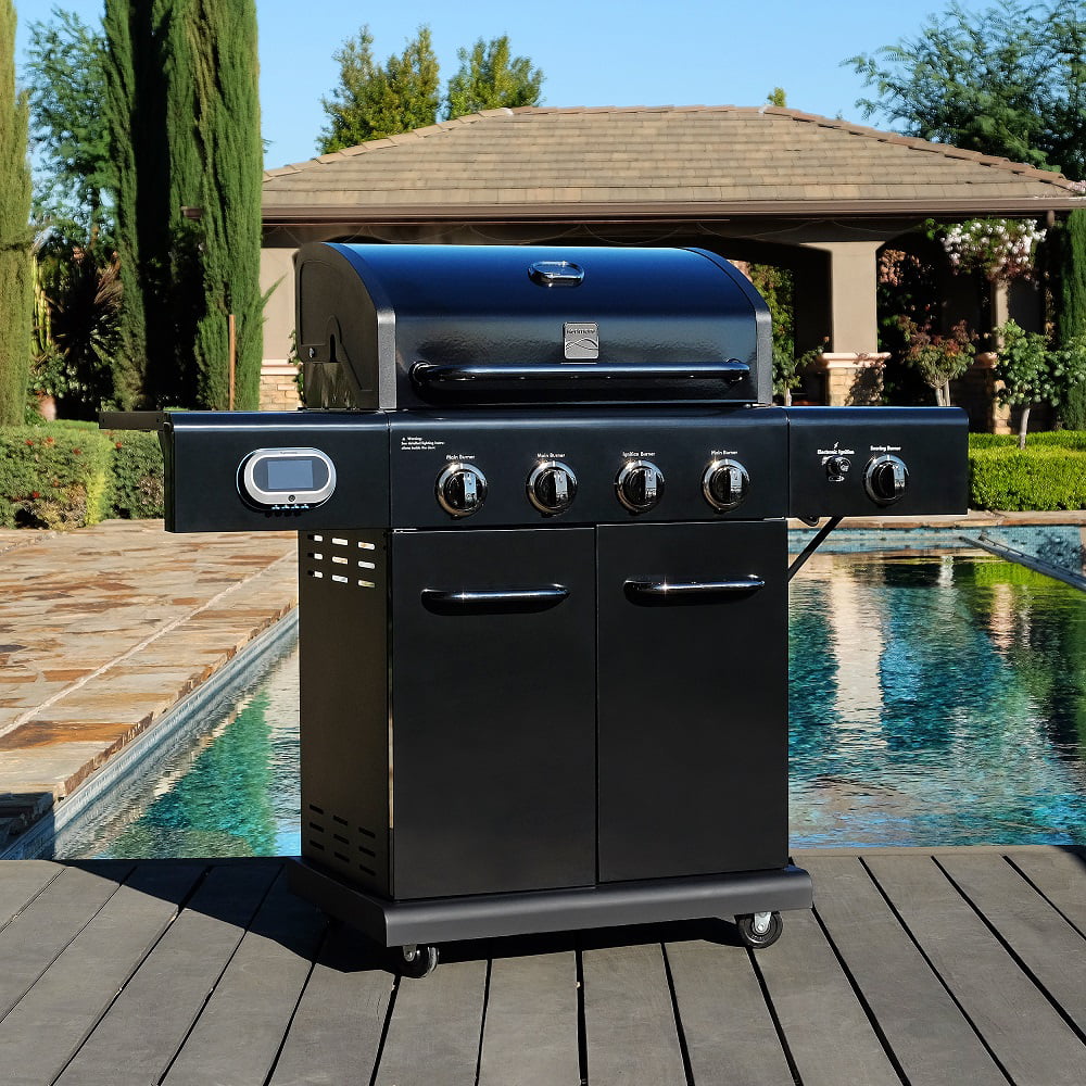 4-Burner Smart Gas Grill with Side Searing Burner, Black with Chrome Accents