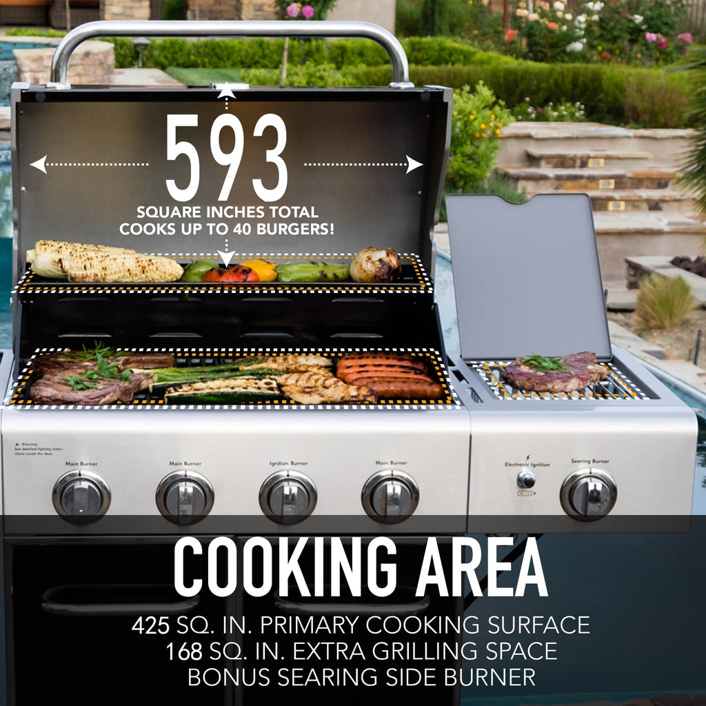 4-Burner Outdoor Propane Gas Grill with Searing Side Burner, Stainless Steel with Black Trim