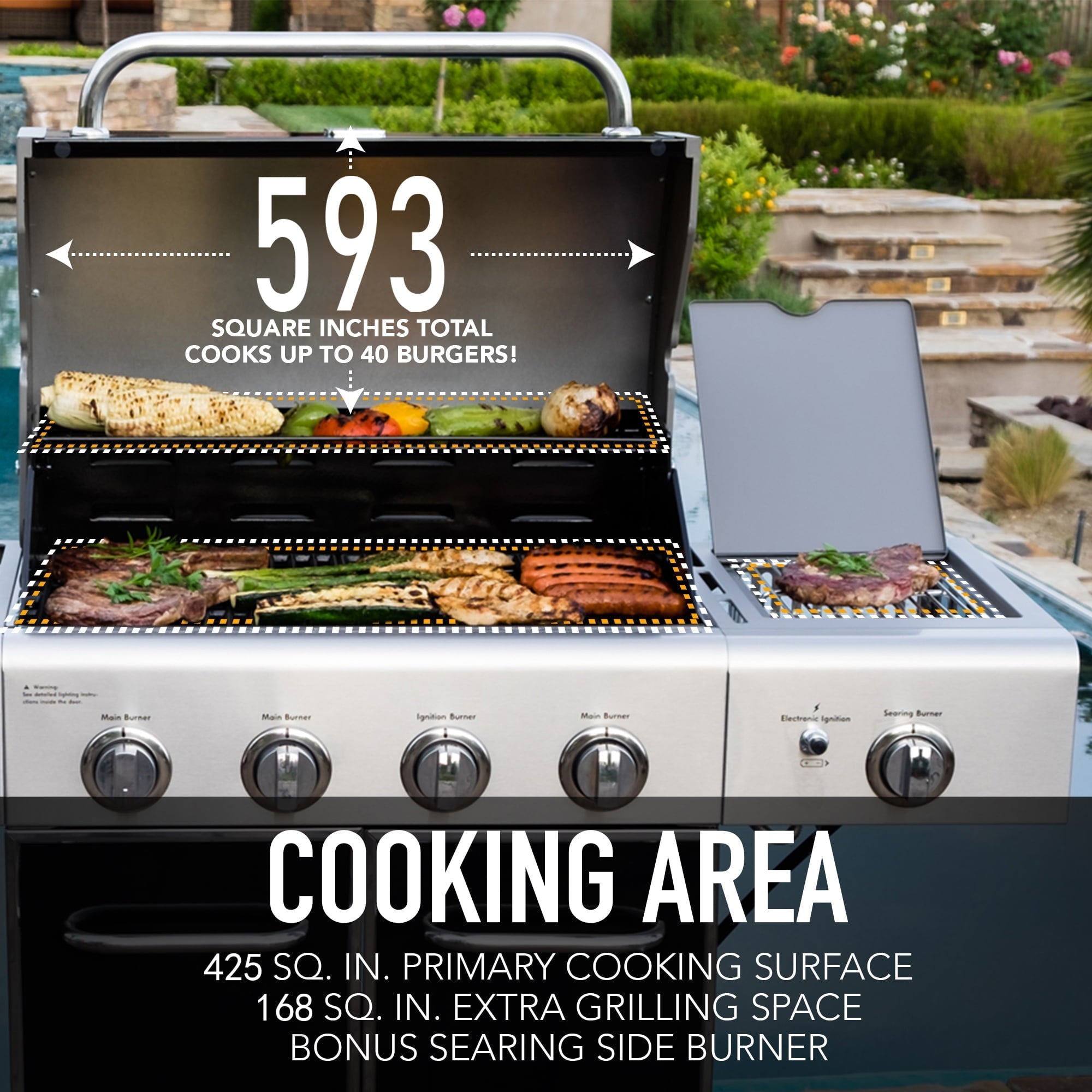4-Burner Outdoor Propane Gas Grill with Searing Side Burner, Stainless Steel with Black Trim