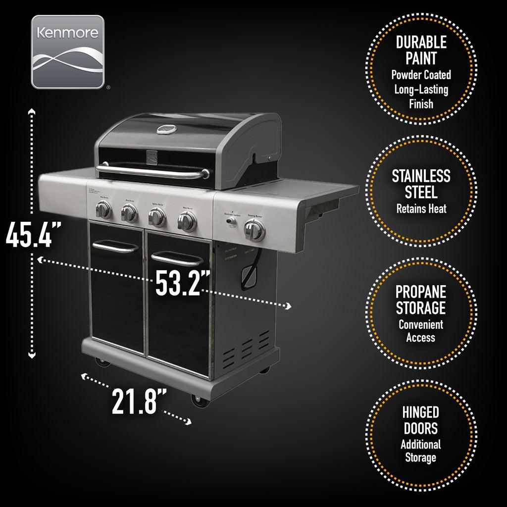 4-Burner Outdoor Propane Gas Grill with Searing Side Burner, Stainless Steel with Black Trim