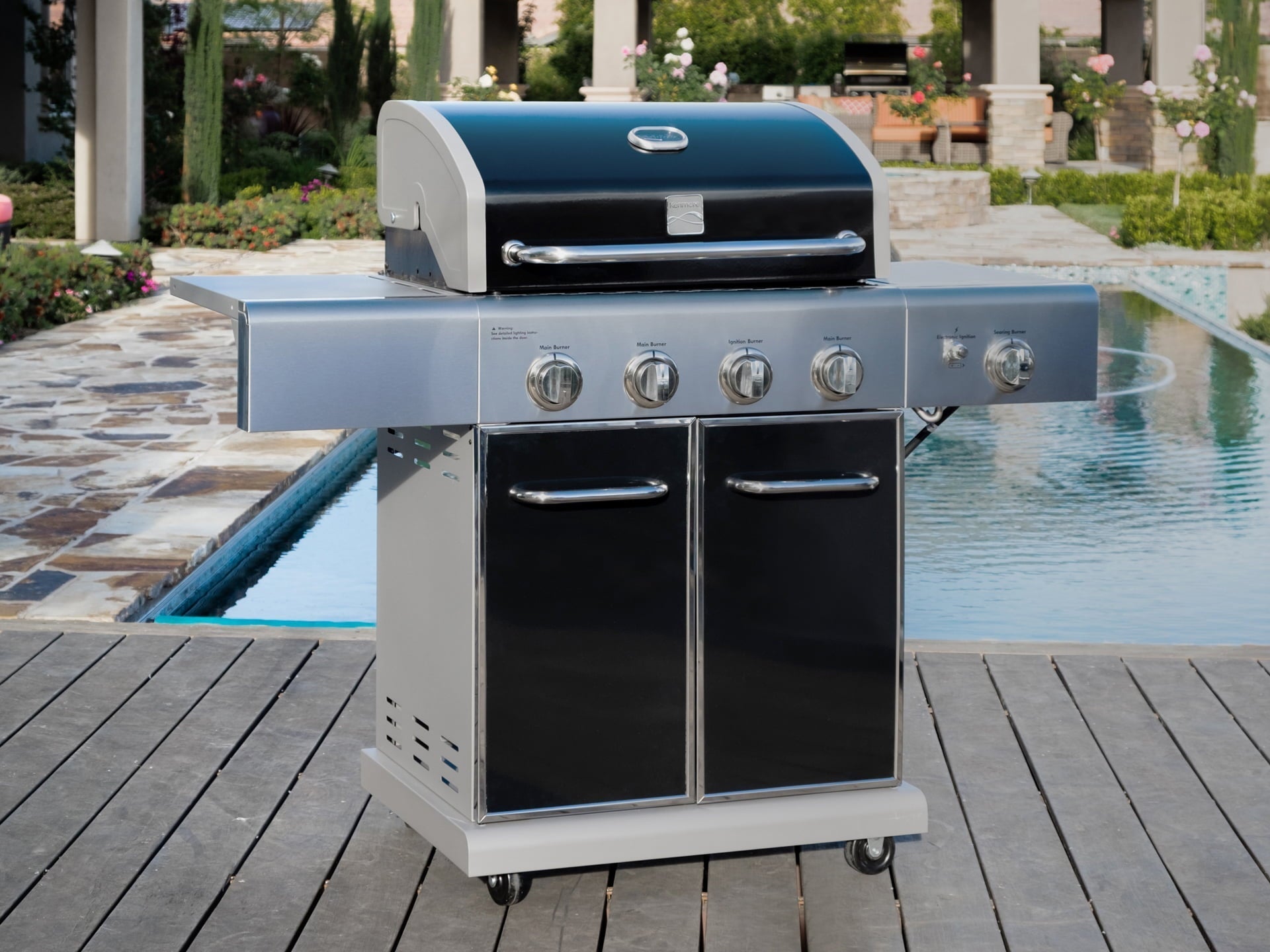 4-Burner Outdoor Propane Gas Grill with Searing Side Burner, Stainless Steel with Black Trim