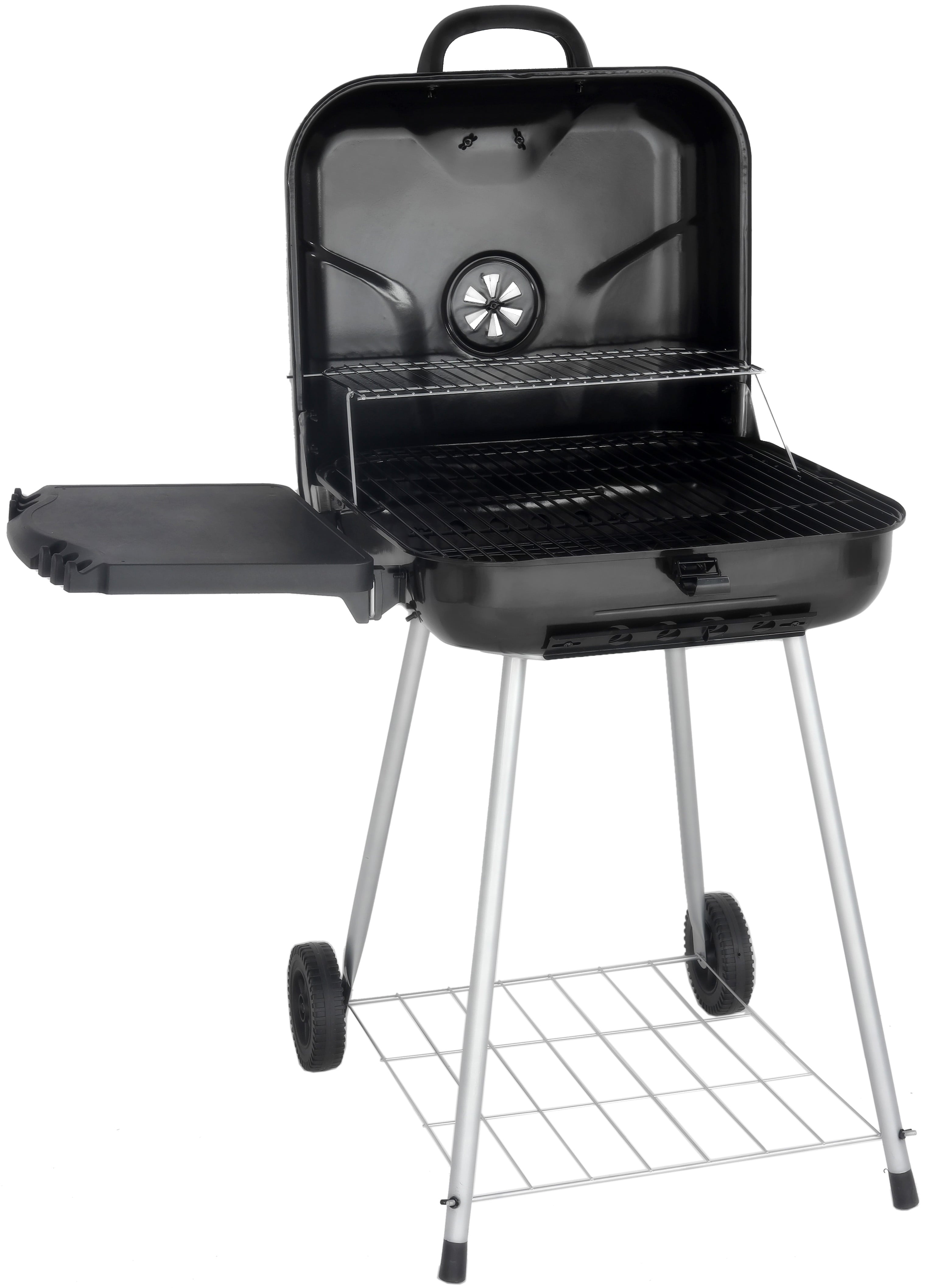 22" Square Charcoal Grill with Foldable Side Shelf, Black