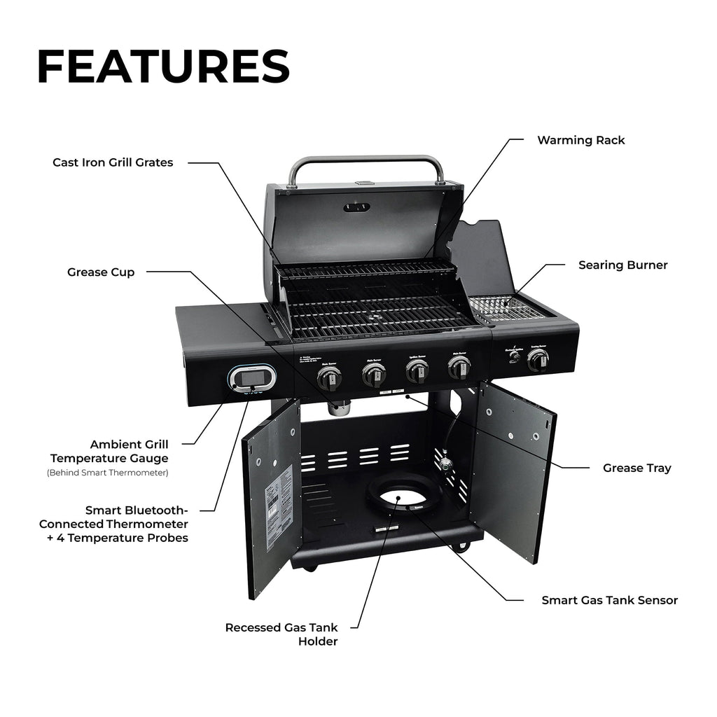 4-Burner Smart Gas Grill with Side Searing Burner, Black with Chrome Accents