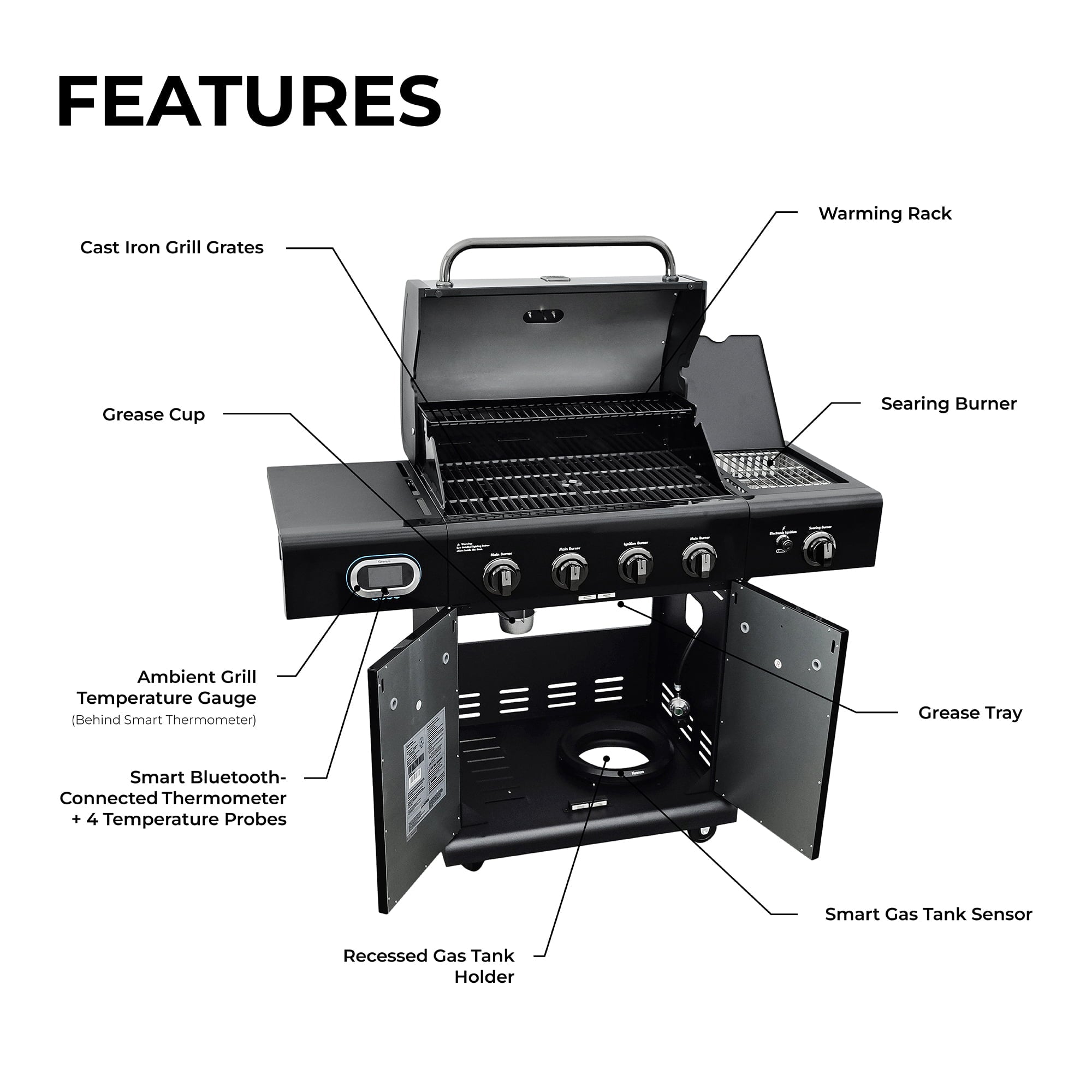 4-Burner Smart Gas Grill with Side Searing Burner, Black with Chrome Accents