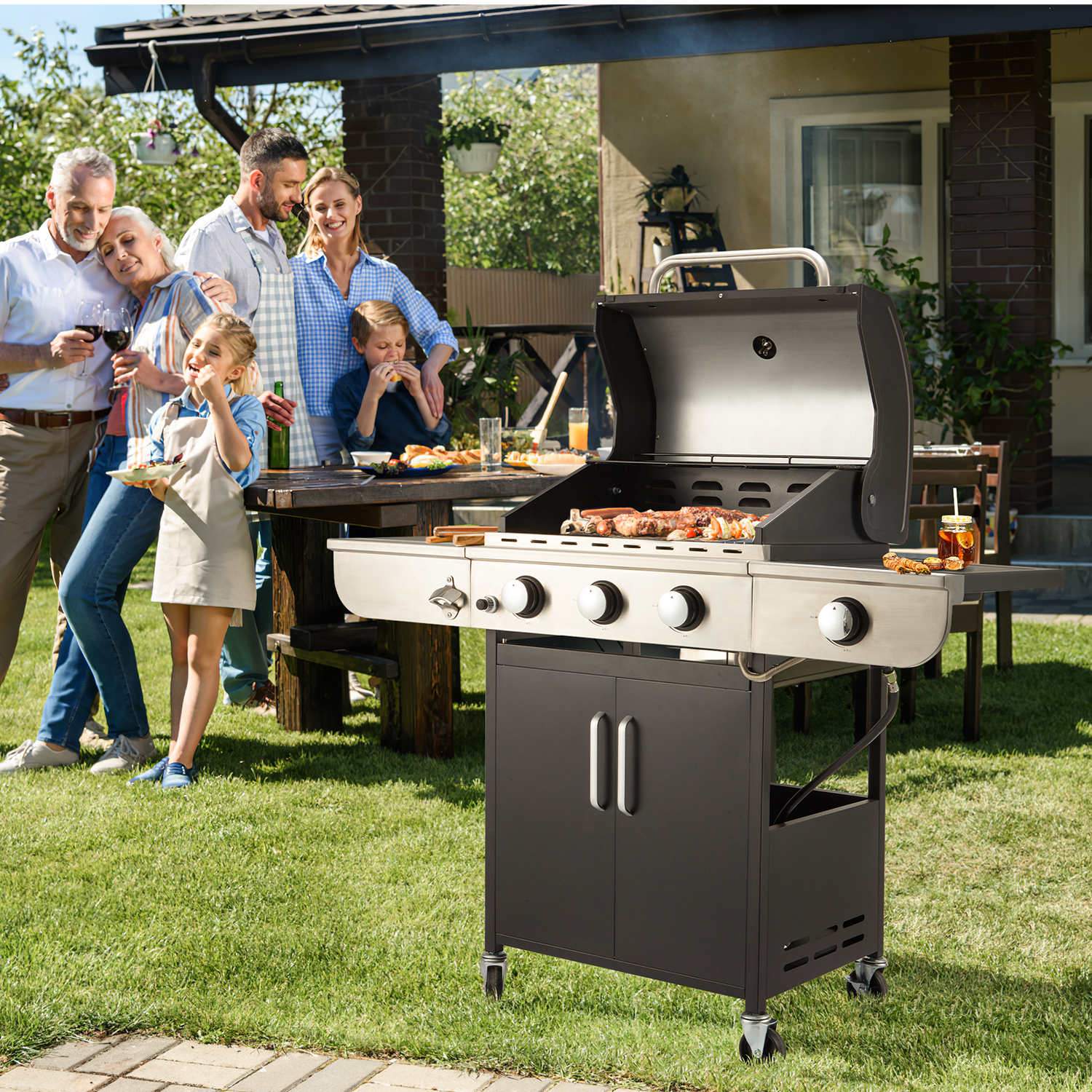 4 Burner Gas Grill,36000 BTU BBQ Propane Stainless Steel with Side Table for Patio Garden