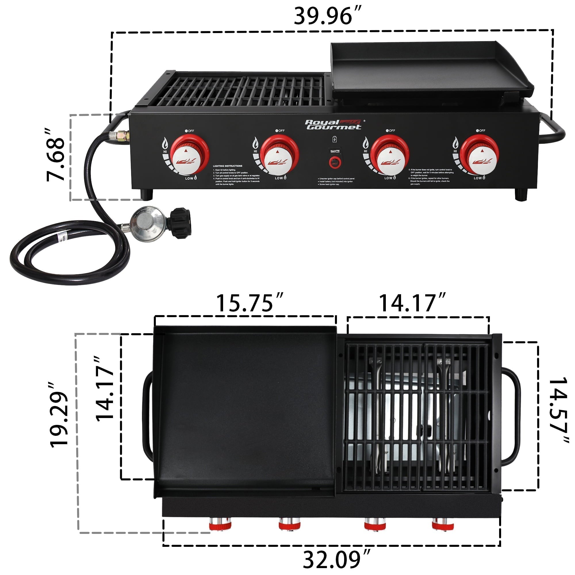 4-Burner GD4002T Portable Gas Grill and Griddle Combo, 40000 BTU