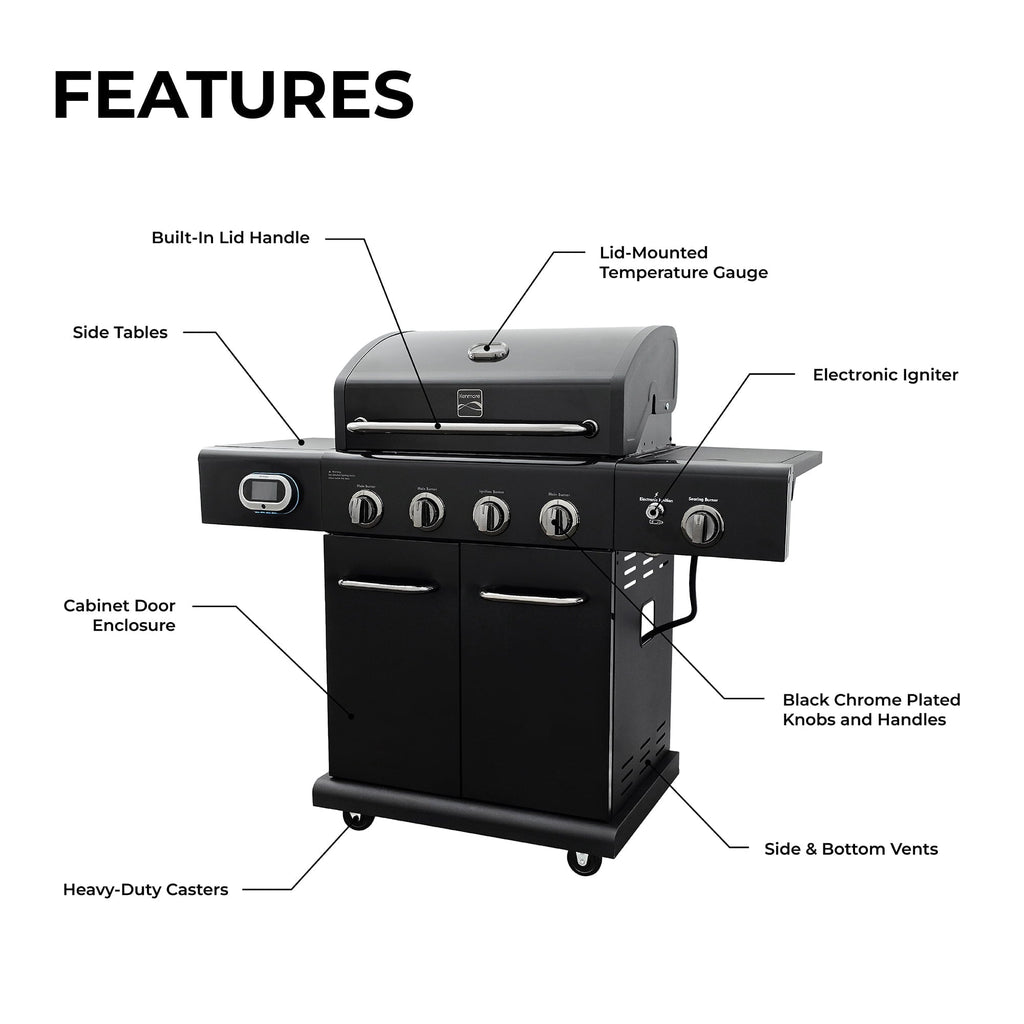 4-Burner Smart Gas Grill with Side Searing Burner, Black with Chrome Accents