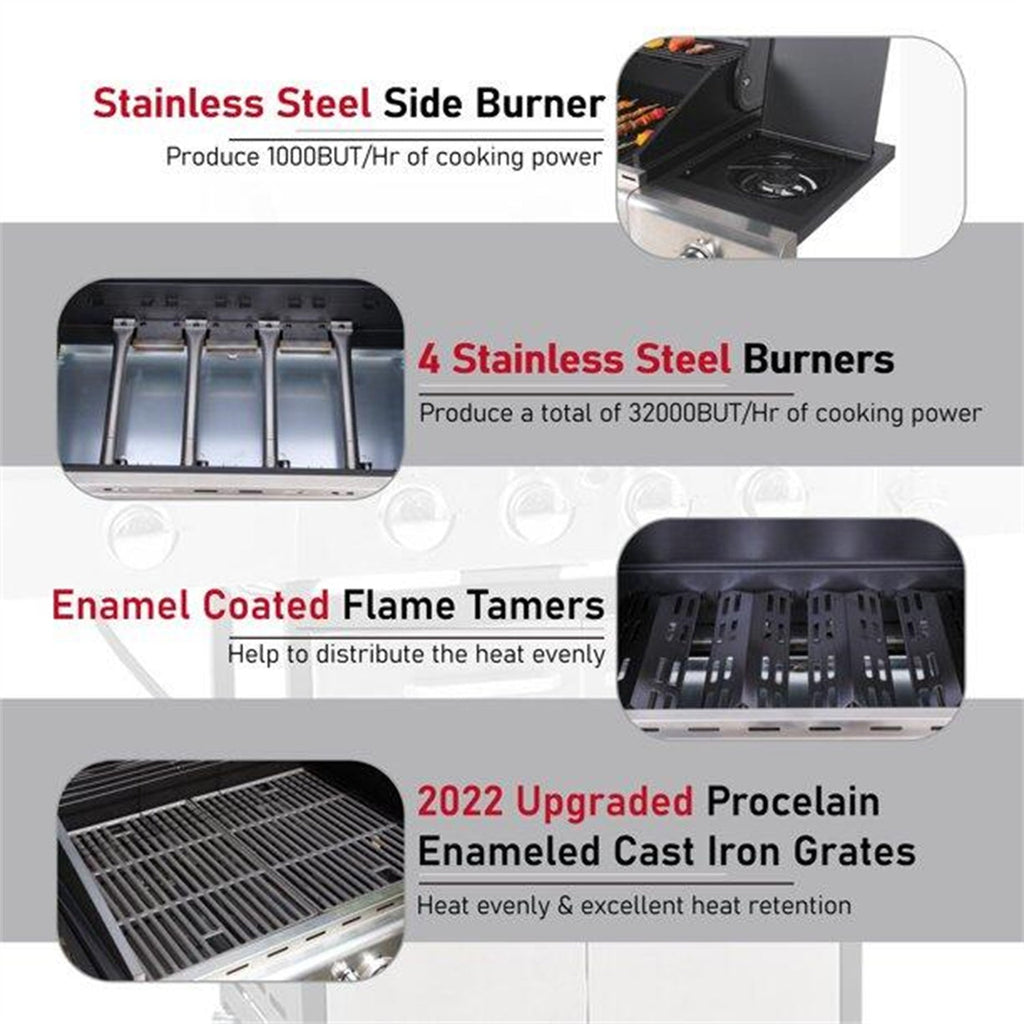 Stainless Steel 4 Burner Propane Gas Grill with Side Burner