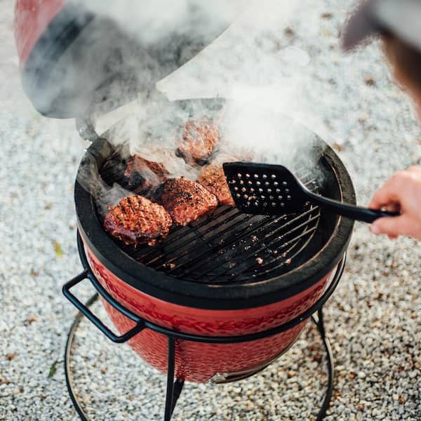 Joe Jr. 13.5 in. Portable Charcoal Grill in Red with Cast Iron Cart, Heat Deflectors and Ash Tool