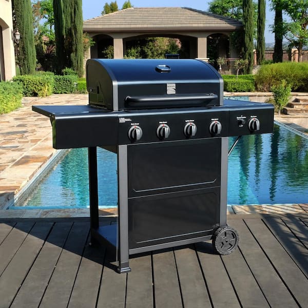 Kenmore 4 Burner Open Cart Propane Gas BBQ Grill with Side Burner, Black
