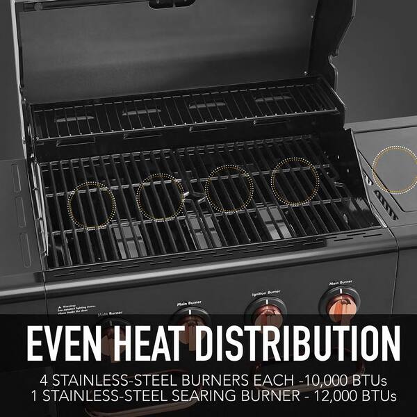 4-Burner Propane Gas Grill with Side Searing Burner in Black with Copper Accent
