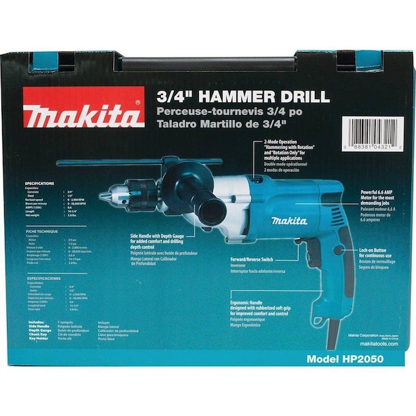 6.6 Amp 1/2 in. Corded Variable Speed Hammer Drill with Torque Limiter Side Handle Depth Gauge Chuck Key Hard Case