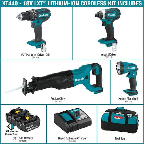 18V LXT Lithium-Ion Cordless Combo Kit (4-Piece) (Hammer Drill/ Impact Driver/ Recipro Saw/ Flashlight) (3.0 Ah)
