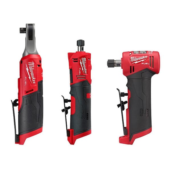 M12 FUEL 12V Lithium-Ion High Speed 3/8 in. Ratchet w/ (1) 1/4 in. Right Angle and (1) 1/4 in. Straight Die Grinder
