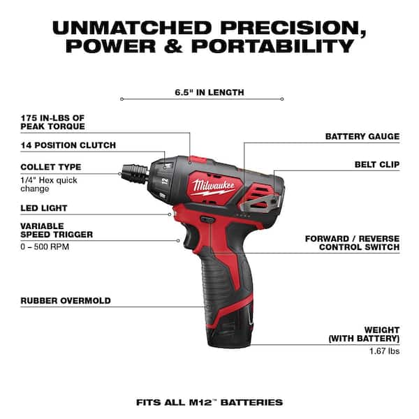 M12 12V Lithium-Ion Cordless 1/4 in. Hex Screwdriver/LED Worklight Kit with (2) 1.5Ah Batteries,Bit Set & Bag