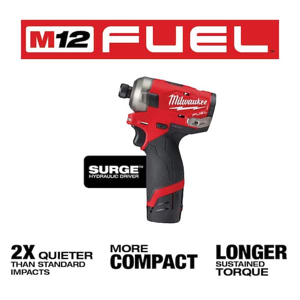 M12 FUEL SURGE 12V Lithium-Ion Brushless Cordless 1/4 in. Hex Impact Driver Compact Kit w/Two 2.0Ah Batteries, Bag