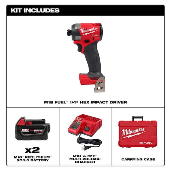 M18 Fuel 18-V Lithium-Ion Brushless Cordless 1/4 in. Hex Impact Driver Kit w/(3) 5.0 Ah Batteries, Charger & Hard Case
