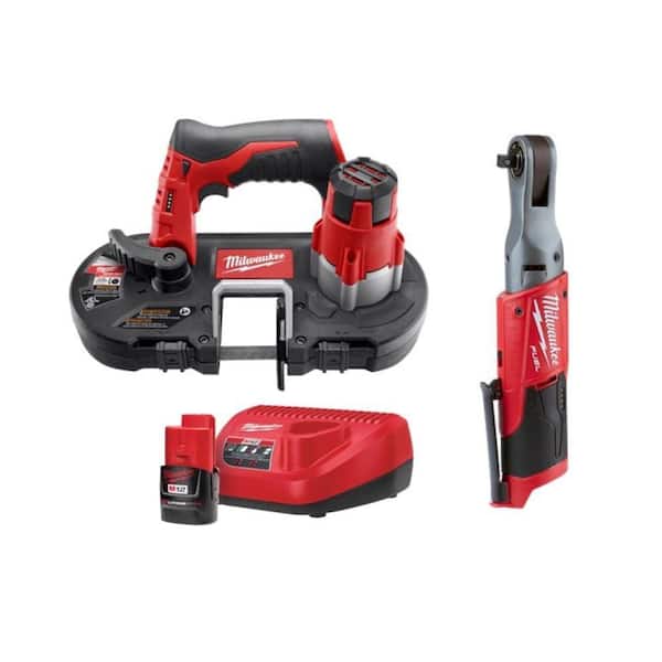 M12 12V Lithium-Ion Cordless Sub-Compact Band Saw and 3/8 in. Ratchet Combo Kit W/ (1) 2.0Ah Battery and Charger