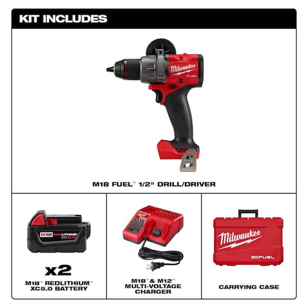 M18 FUEL 18-V Lithium-Ion Brushless Cordless 1/2 in. Drill/Driver Kit with (3) 5.0Ah Batteries, Charger and Hard Case