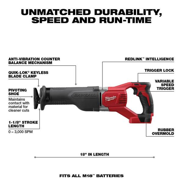 M18 18V Lithium-Ion Cordless SAWZALL Reciprocating Saw with SAWZALL Blade Set (18-Piece)