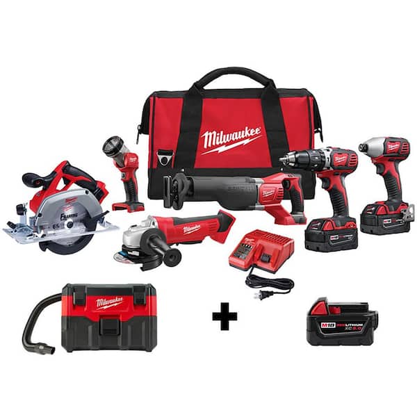 M18 18V Lithium-Ion Cordless Combo Tool Kit (6-Tool) w/ Wet/Dry Vacuum and Additional 5.0Ah Battery