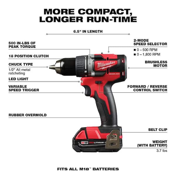 M18 18V Lithium-Ion Brushless Cordless Compact Drill/Impact Combo Kit (2-Tool) W/ Titanium Drill Bit Set