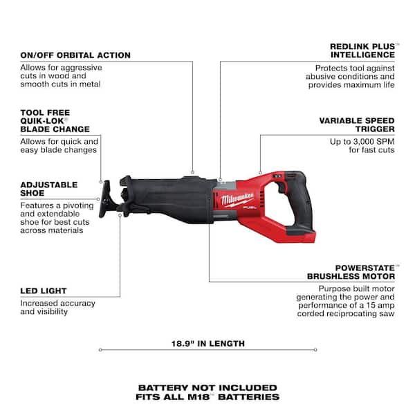 M18 FUEL 18V Lithium-Ion Brushless Cordless Super SAWZALL Orbital Reciprocating Saw & High Output 12.0Ah Battery