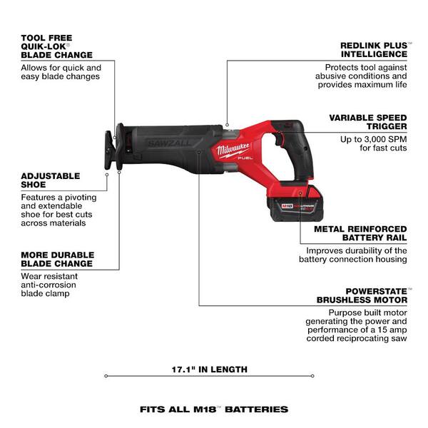 M18 FUEL 18V Lithium-Ion Brushless Cordless SAWZALL Reciprocating Saw Kit W/6.0Ah Battery