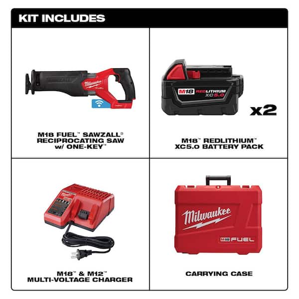 M18 FUEL ONE-KEY 18V Lithium-Ion Brushless Cordless SAWZALL Reciprocating Saw Kit with Two 5.0 Ah Batteries, Case