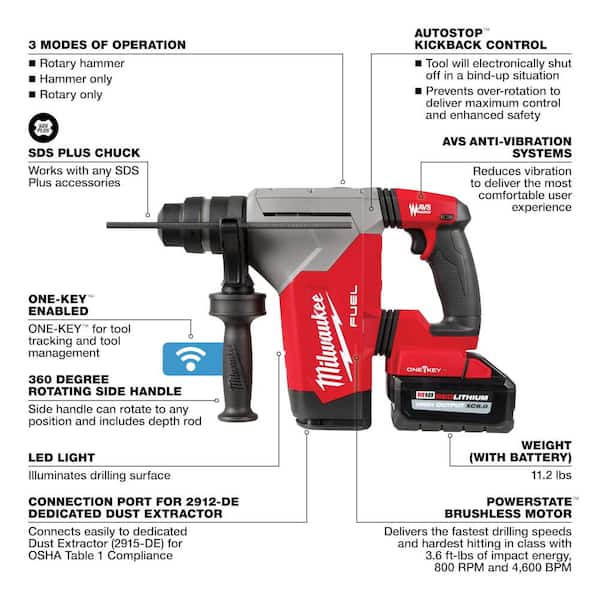 M18 FUEL 18V Lithium-Ion Brushless 1-1/8 in. Cordless SDS-Plus Rotary Hammer/Dust Extractor Kit, Two 6.0Ah Batteries