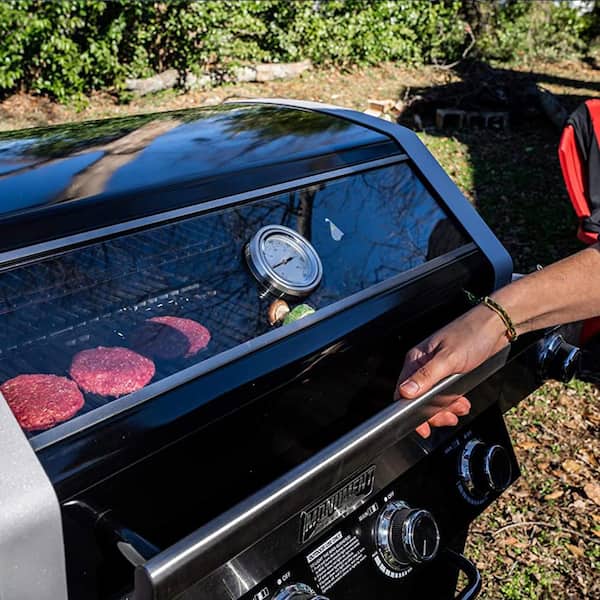 4-Burner Propane Gas Grill in Black with ClearView Lid, LED Controls, Side Burner and USB Light