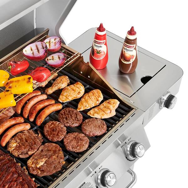 4-Burner Propane Gas Grill in Stainless with Clear View Lid, LED Controls and Side Burner