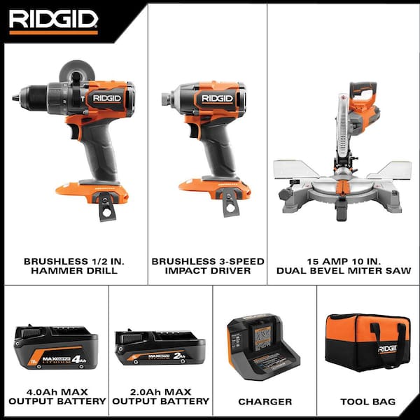 18V Brushless Cordless 2-Tool Combo Kit with (2) Batteries, Charger, Bag, and 15 Amp 10 in. Dual Bevel Miter Saw