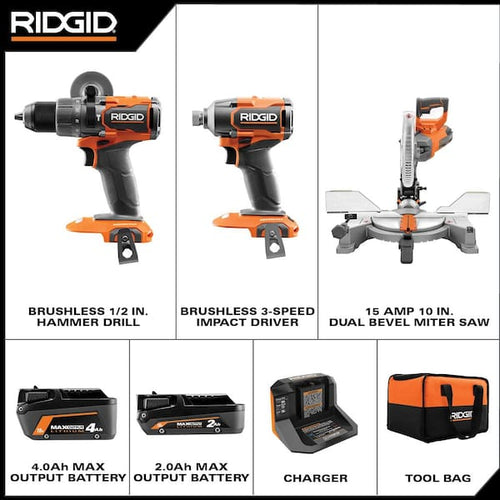 18V Brushless Cordless 2-Tool Combo Kit with (2) Batteries, Charger, Bag, and 15 Amp 10 in. Dual Bevel Miter Saw