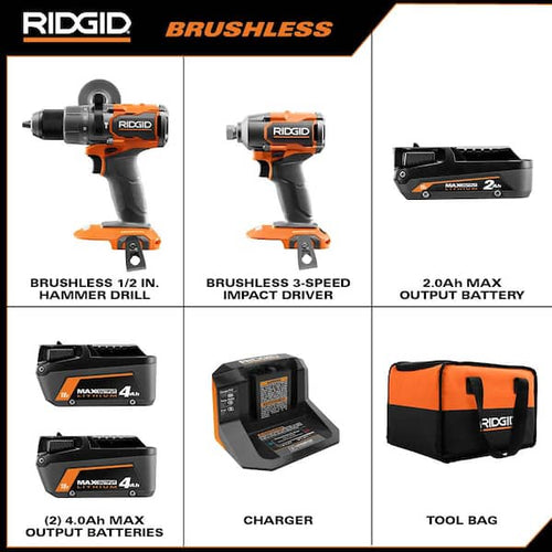 18V Brushless Cordless 2-Tool Combo Kit with Hammer Drill, Impact Driver, (3) Batteries, Charger, and Bag