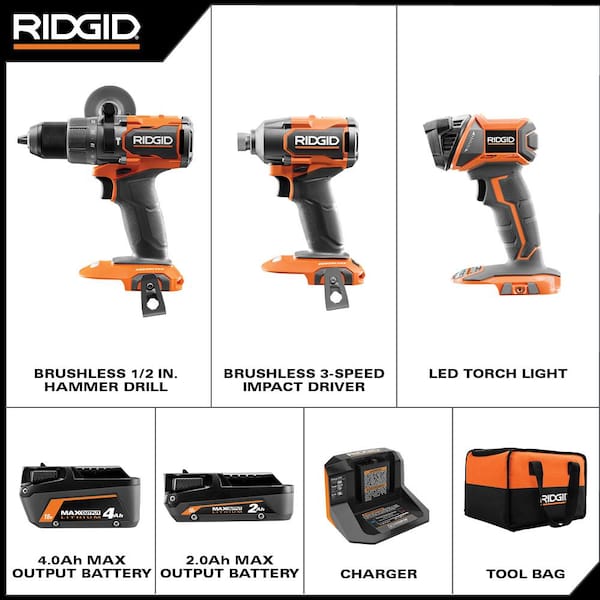 18V Brushless Cordless 3-Tool Combo Kit with Hammer Drill, Impact Driver, LED Torch Light, (2) Batteries, Charger & Bag