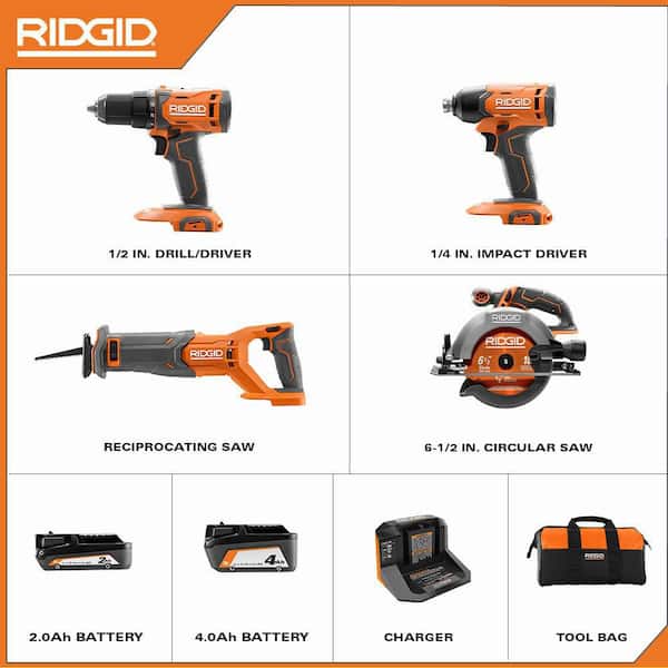 18V Cordless 4-Tool Combo Kit with 4.0 Ah Battery, 2.0 Ah Battery, Charger, Bag and 18V Hybrid Fan