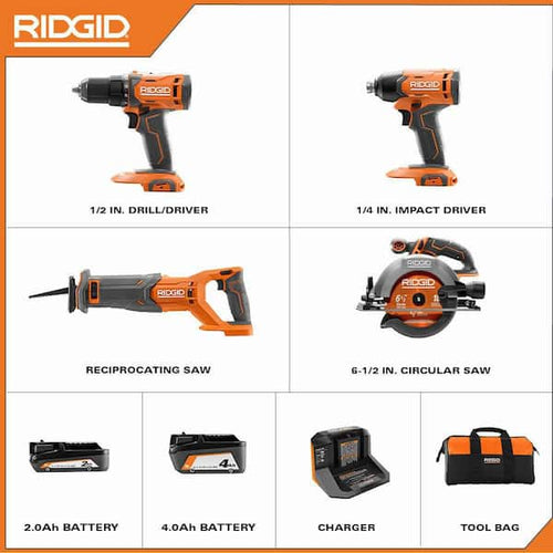 18V Cordless 4-Tool Combo Kit with 4.0 Ah Battery, 2.0 Ah Battery, Charger, Bag and 18V Hybrid LED Light