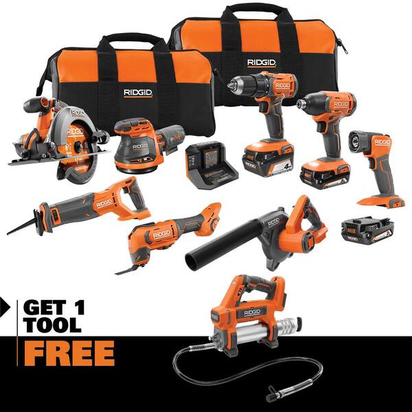 18V Cordless 8-Tool Combo Kit with (3) Batteries, Charger, and Bag with 18V Grease Gun