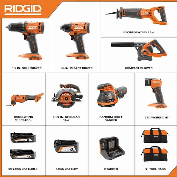 18V Cordless 8-Tool Combo Kit with (3) Batteries, Charger, and Bag with 18V Hybrid Fan