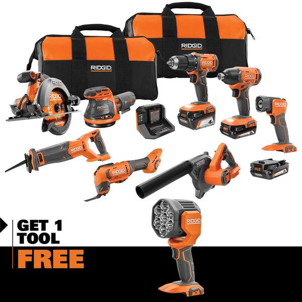 18V Cordless 8-Tool Combo Kit with (3) Batteries, Charger, and Bag with 18V Spotlight