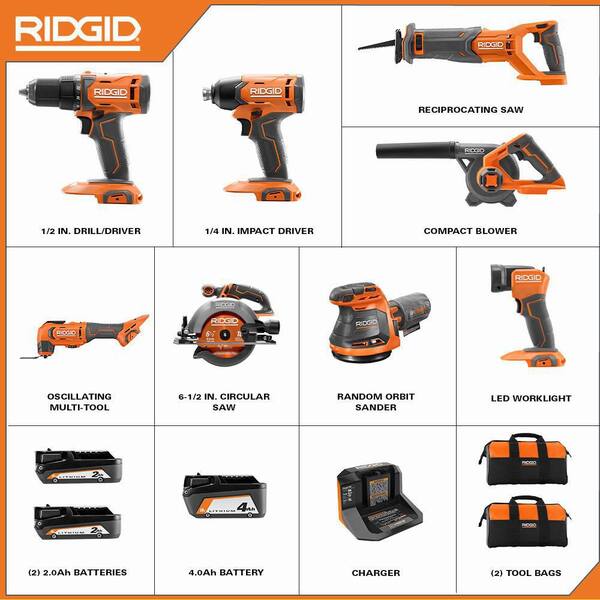 18V Cordless 8-Tool Combo Kit with (3) Batteries, Charger, and Bag with 18V Digital Inflator