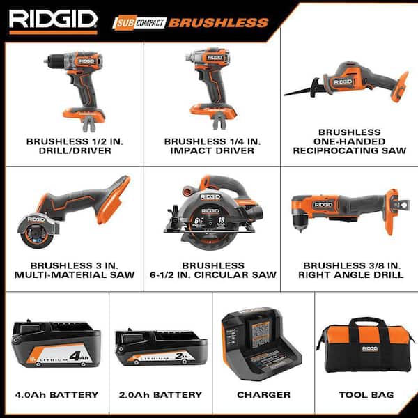 18V SubCompact Brushless Cordless 6-Tool Combo Kit with 2.0 Ah Battery, 4.0 Ah Battery, Charger, and Bag