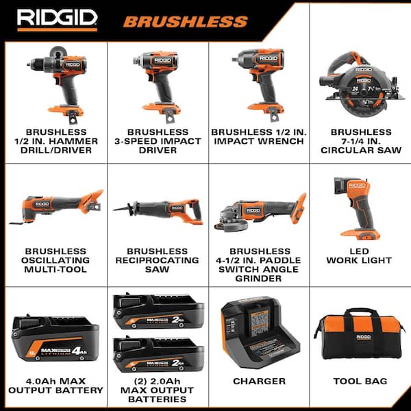 18V Brushless 8-Tool Combo Kit w/ (2) 2.0 Ah and (1) 4.0 Ah MAX Output Batteries, Charger, & FREE 18V 4.0 Ah Battery